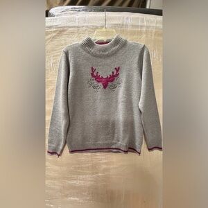 Gray Turtleneck Sweater with Pink Embroidered Stag